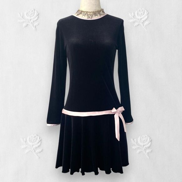 Rare Editions Coquette Whimsygoth Black Pink Drop Waist Mini Bow Velvet Dress S - Picture 1 of 8